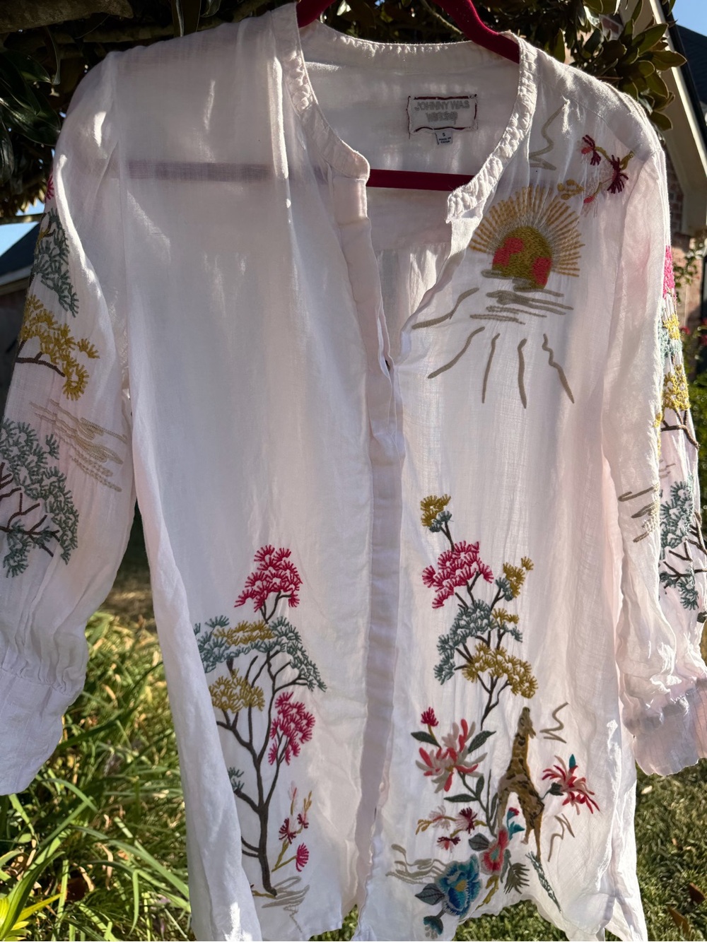 Johnny Was Workshop Ramie Embroidered Giraffe Floral Tunic White S